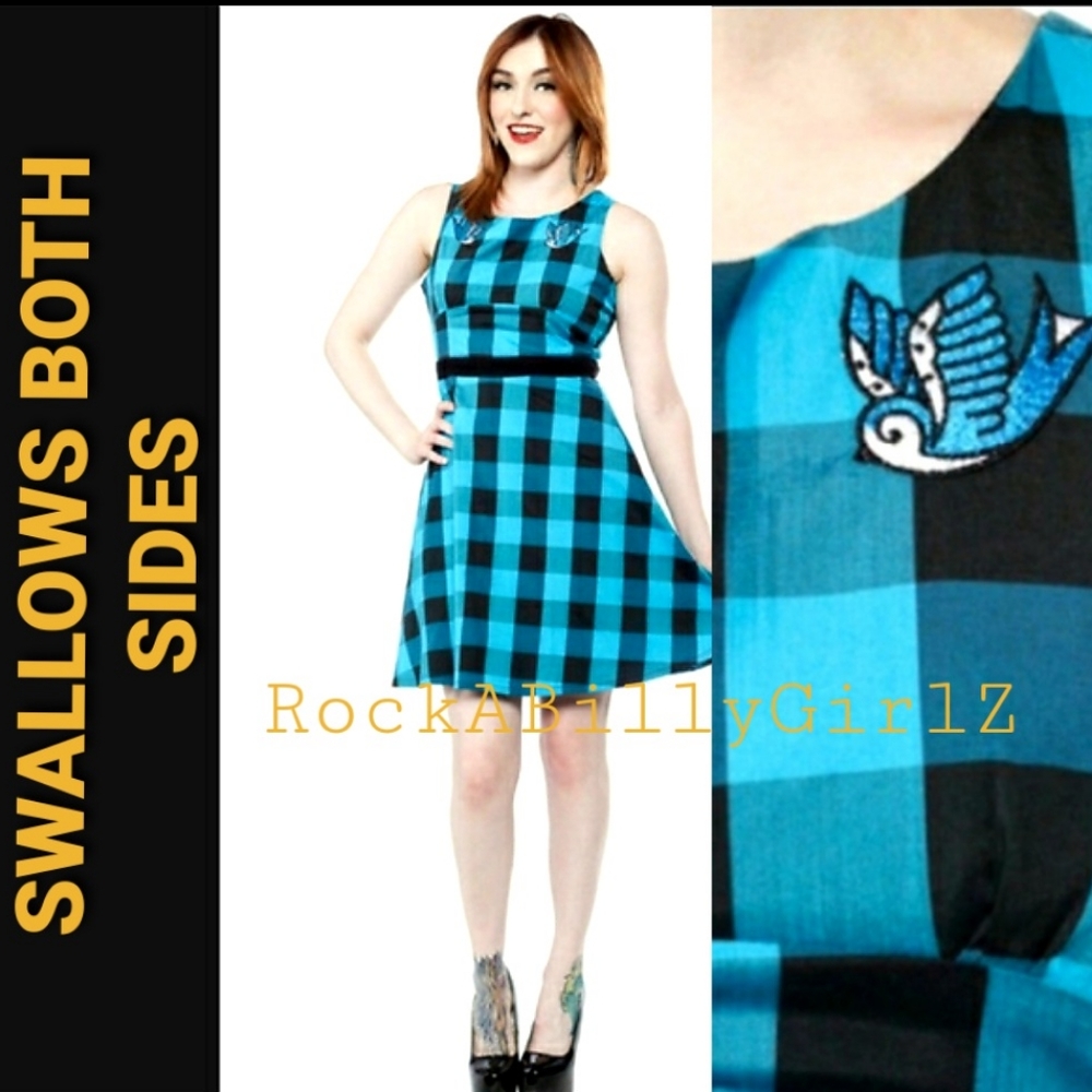 Sourpuss Blue Buffalo Plaid w White Embroidered Swallows RockABilly Skater Dress